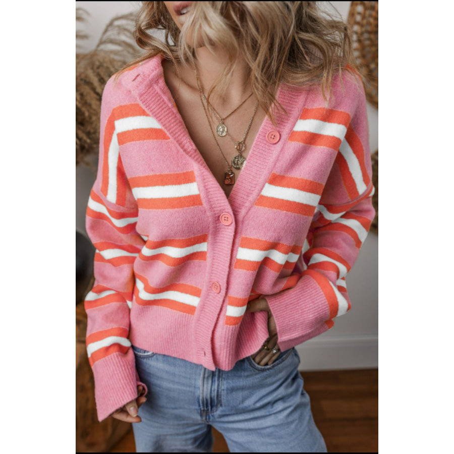 Striped Button Down Long Sleeve Cardigan Pink / S Apparel and Accessories