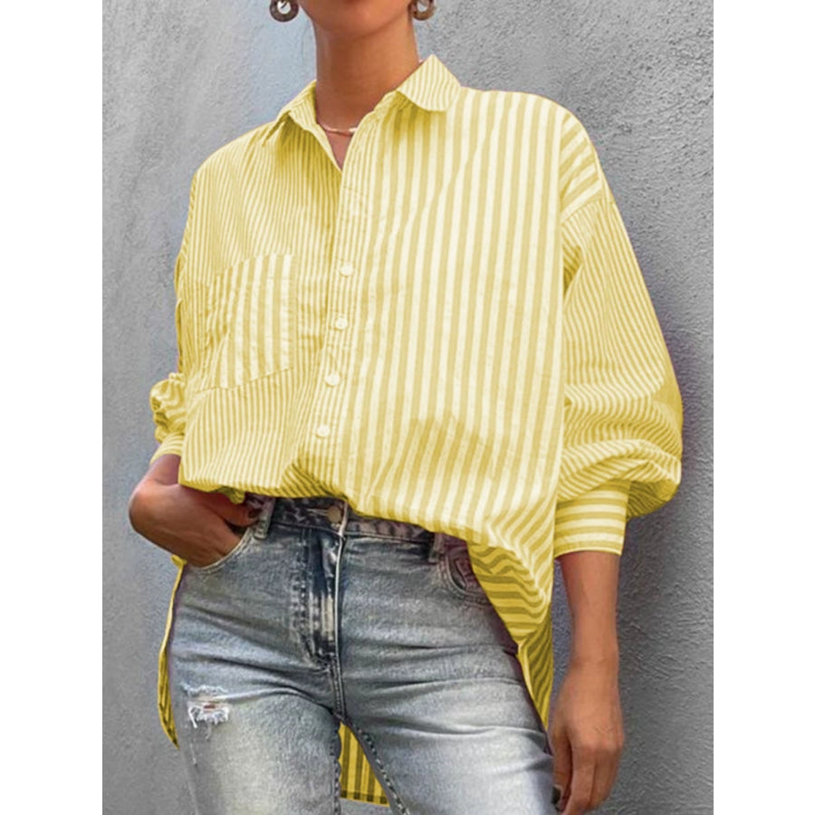 Striped Button Down Long Sleeve Shirt Light Yellow / S Apparel and Accessories