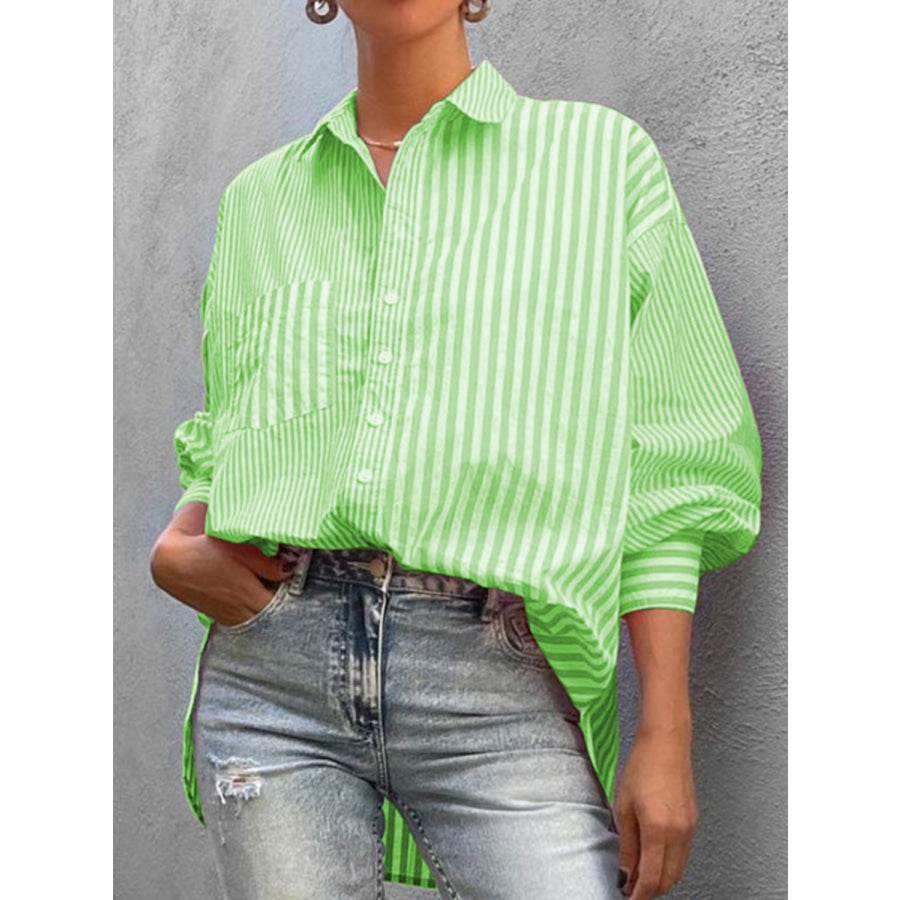 Striped Button Down Long Sleeve Shirt Neon Green / S Apparel and Accessories