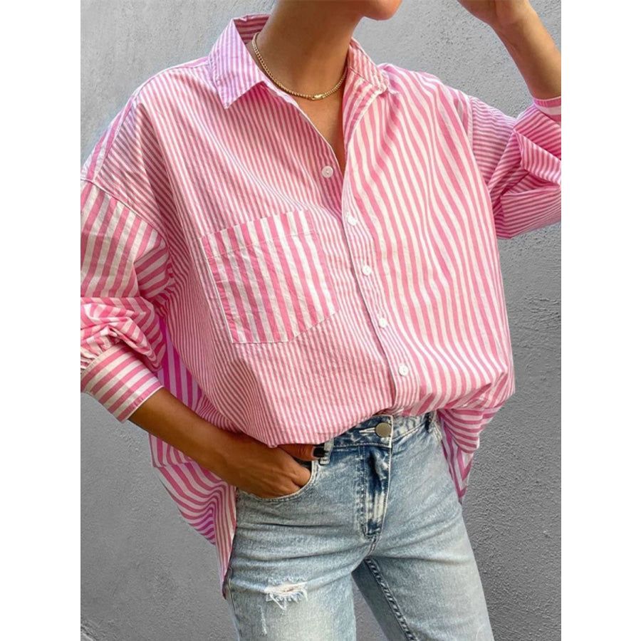 Striped Button Down Long Sleeve Shirt Pink / S Apparel and Accessories