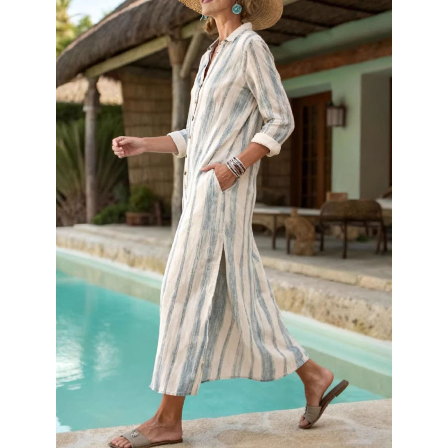 Striped Button-Down Midi Dress Apparel and Accessories