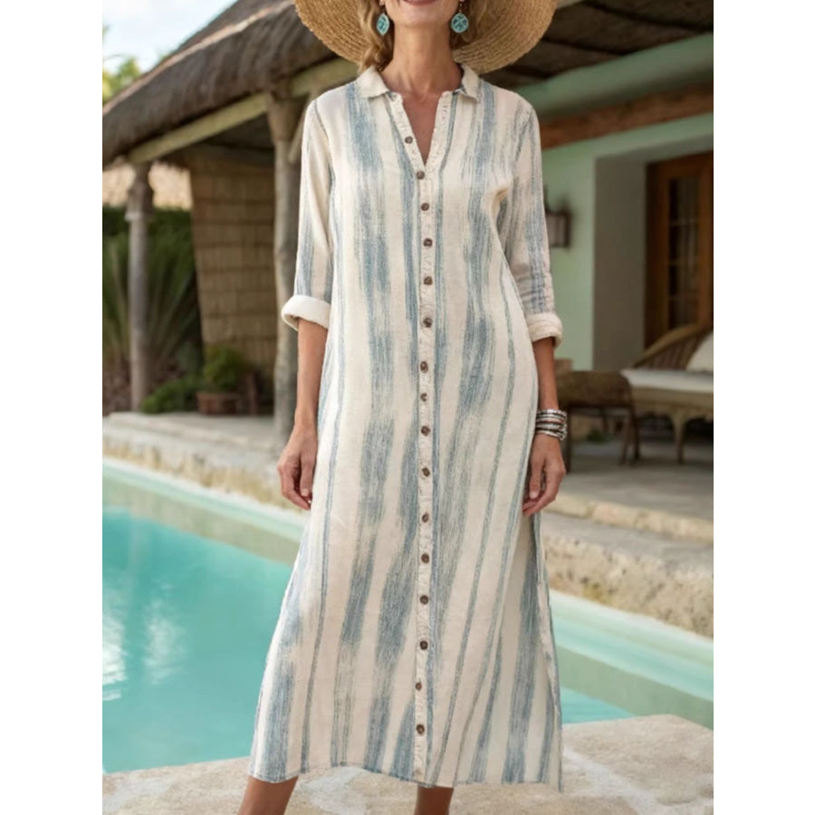 Striped Button-Down Midi Dress Beige / S Apparel and Accessories