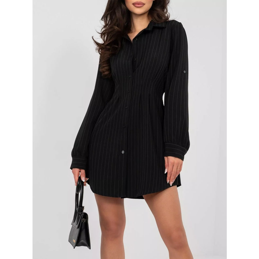 Striped Button-Down Mini Dress Black / S Apparel and Accessories