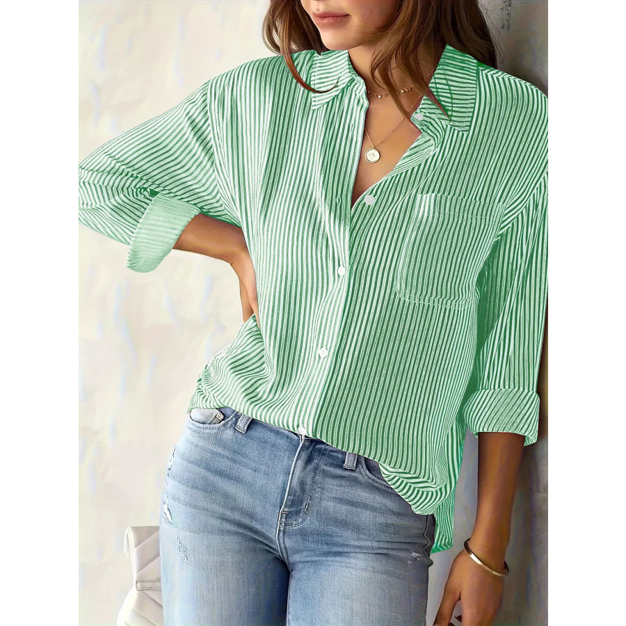 Striped Button-Down Relaxed Fit Shirt Green / S Apparel and Accessories