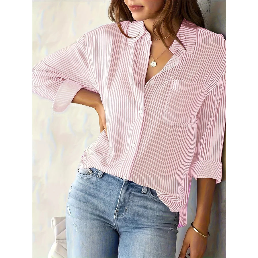 Striped Button-Down Relaxed Fit Shirt Pink / S Apparel and Accessories