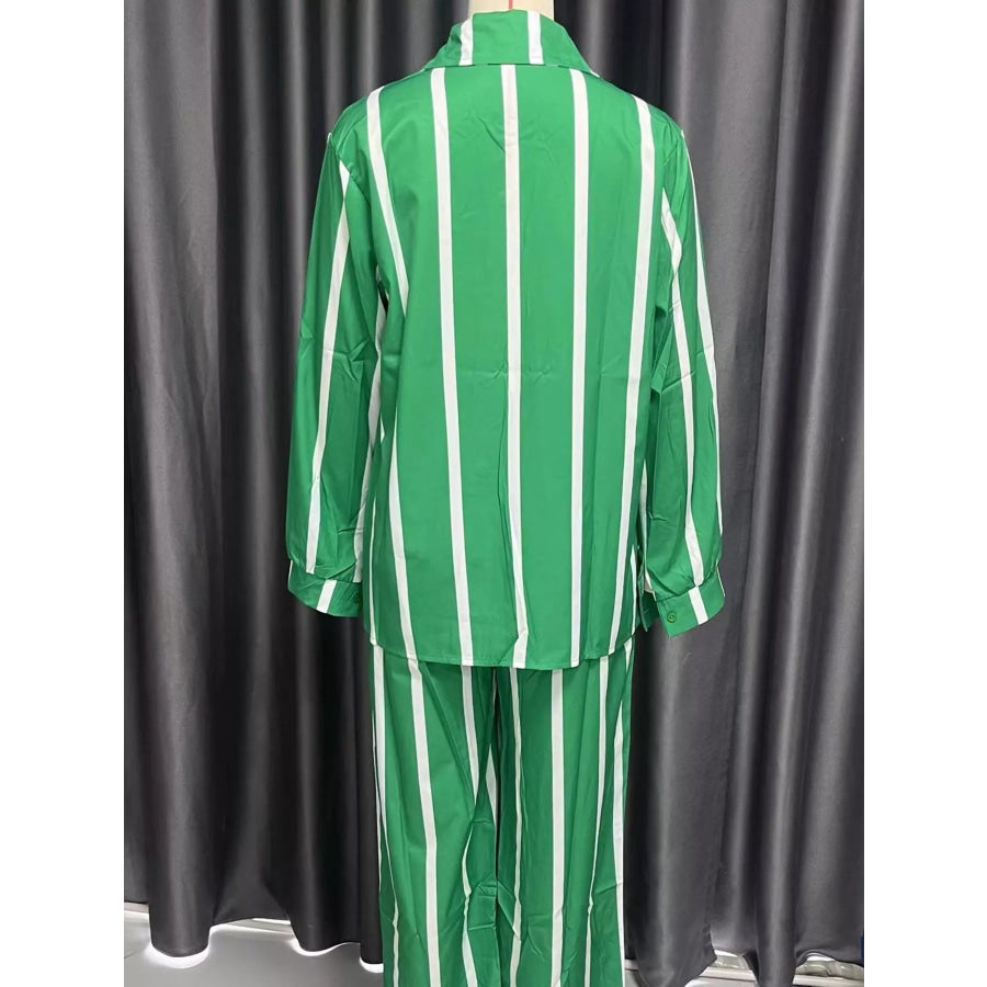 Striped Button-Down Shirt and Wide-Leg Pants Two-Piece Set Apparel Accessories