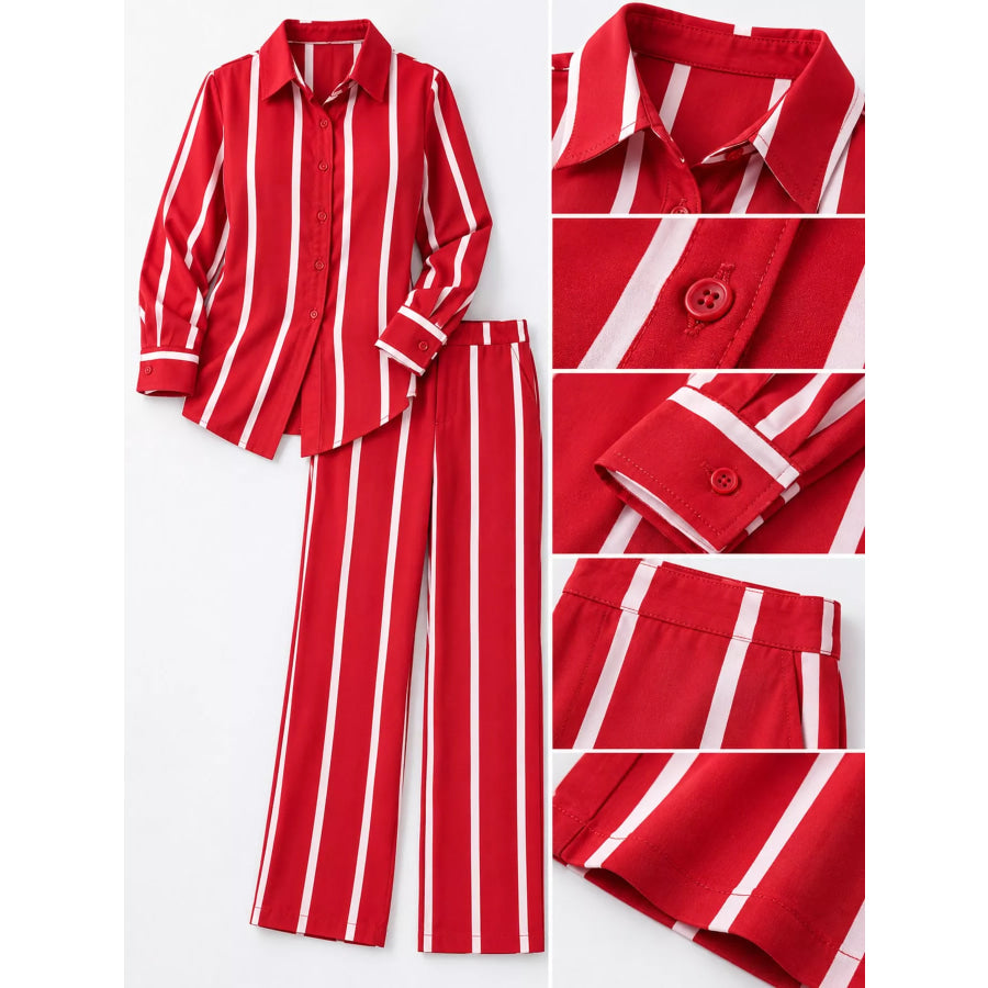 Striped Button-Down Shirt and Wide-Leg Pants Two-Piece Set Apparel Accessories