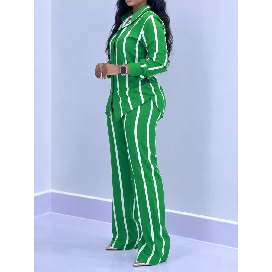 Striped Button-Down Shirt and Wide-Leg Pants Two-Piece Set Apparel Accessories