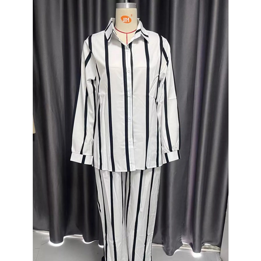 Striped Button-Down Shirt and Wide-Leg Pants Two-Piece Set Apparel Accessories