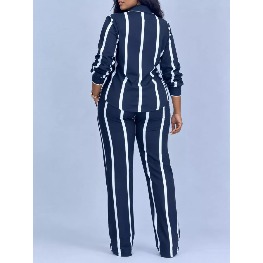 Striped Button-Down Shirt and Wide-Leg Pants Two-Piece Set Apparel Accessories