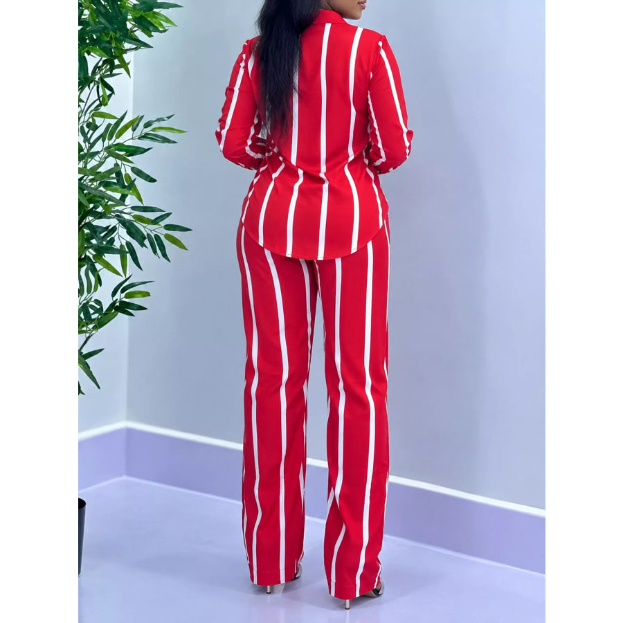 Striped Button-Down Shirt and Wide-Leg Pants Two-Piece Set Apparel Accessories