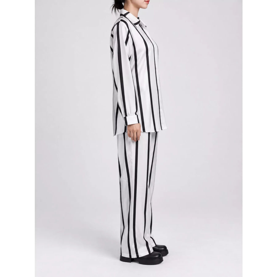 Striped Button-Down Shirt and Wide-Leg Pants Two-Piece Set Apparel Accessories