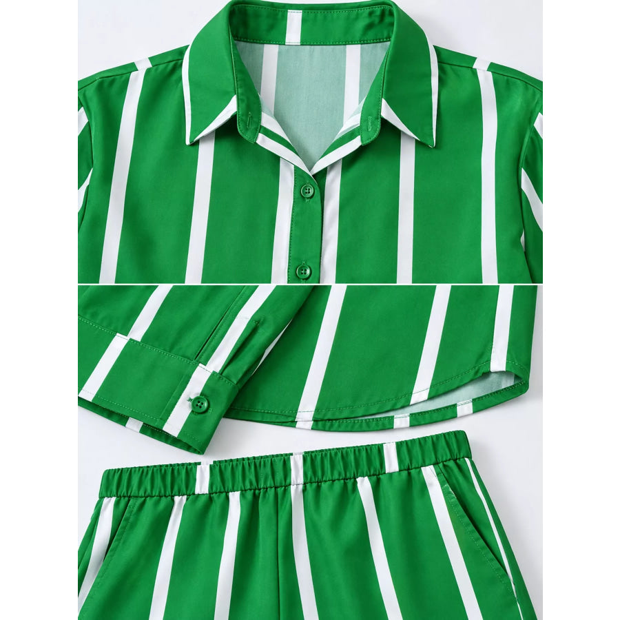 Striped Button-Down Shirt and Wide-Leg Pants Two-Piece Set Apparel Accessories