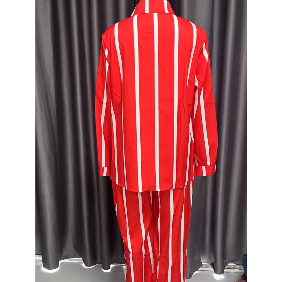 Striped Button-Down Shirt and Wide-Leg Pants Two-Piece Set Apparel Accessories