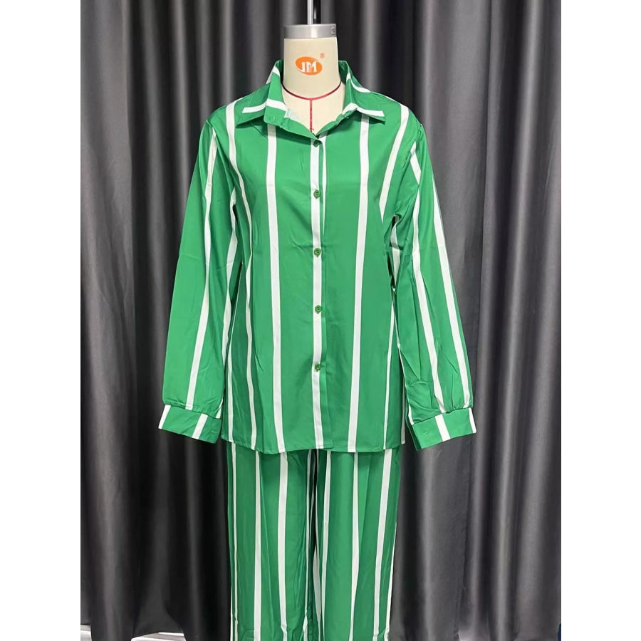 Striped Button-Down Shirt and Wide-Leg Pants Two-Piece Set Apparel Accessories