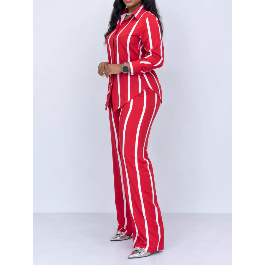 Striped Button-Down Shirt and Wide-Leg Pants Two-Piece Set Apparel Accessories
