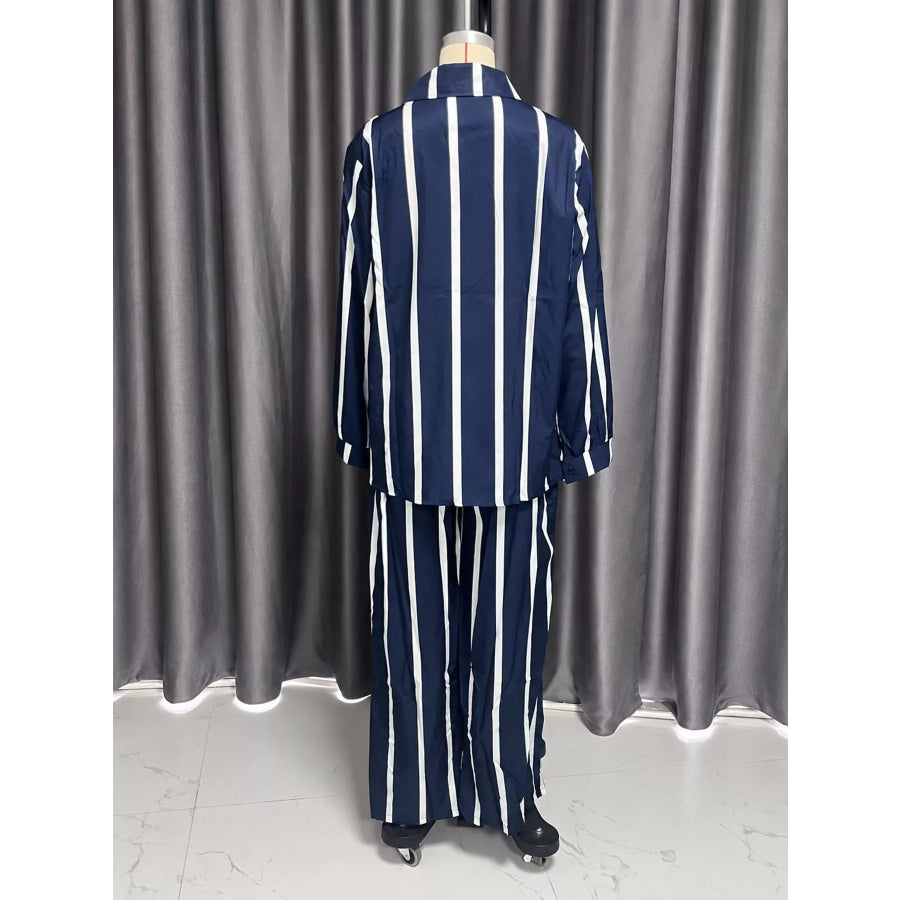 Striped Button-Down Shirt and Wide-Leg Pants Two-Piece Set Apparel Accessories
