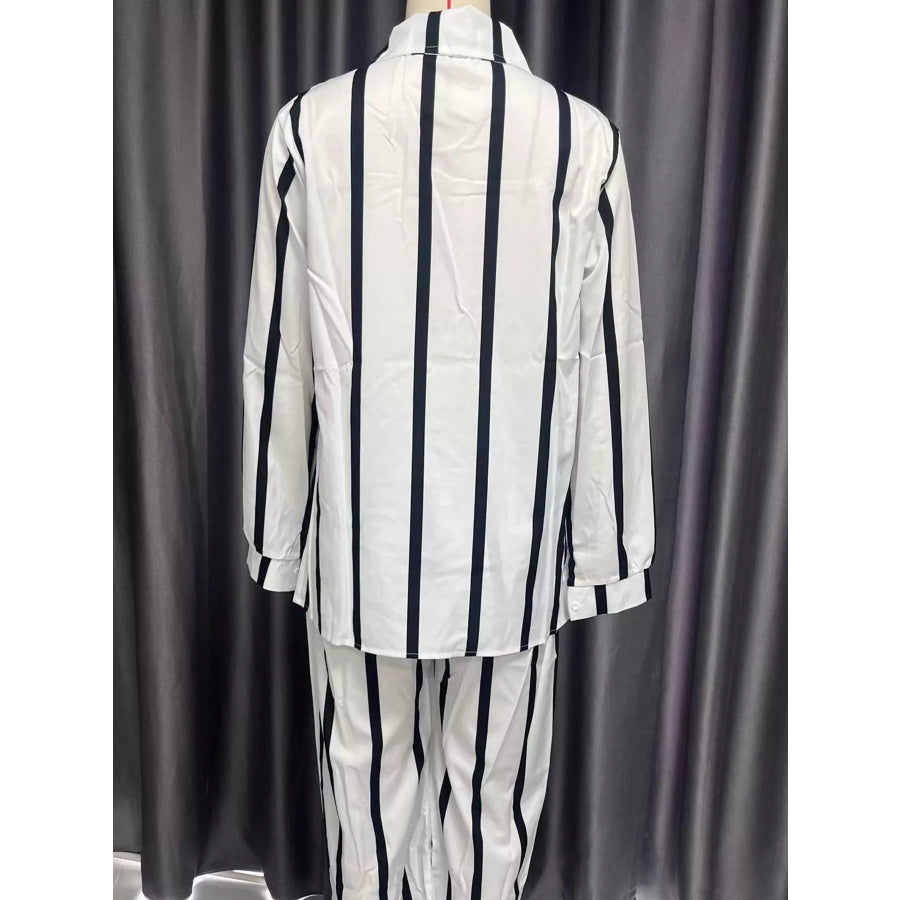 Striped Button-Down Shirt and Wide-Leg Pants Two-Piece Set Apparel Accessories