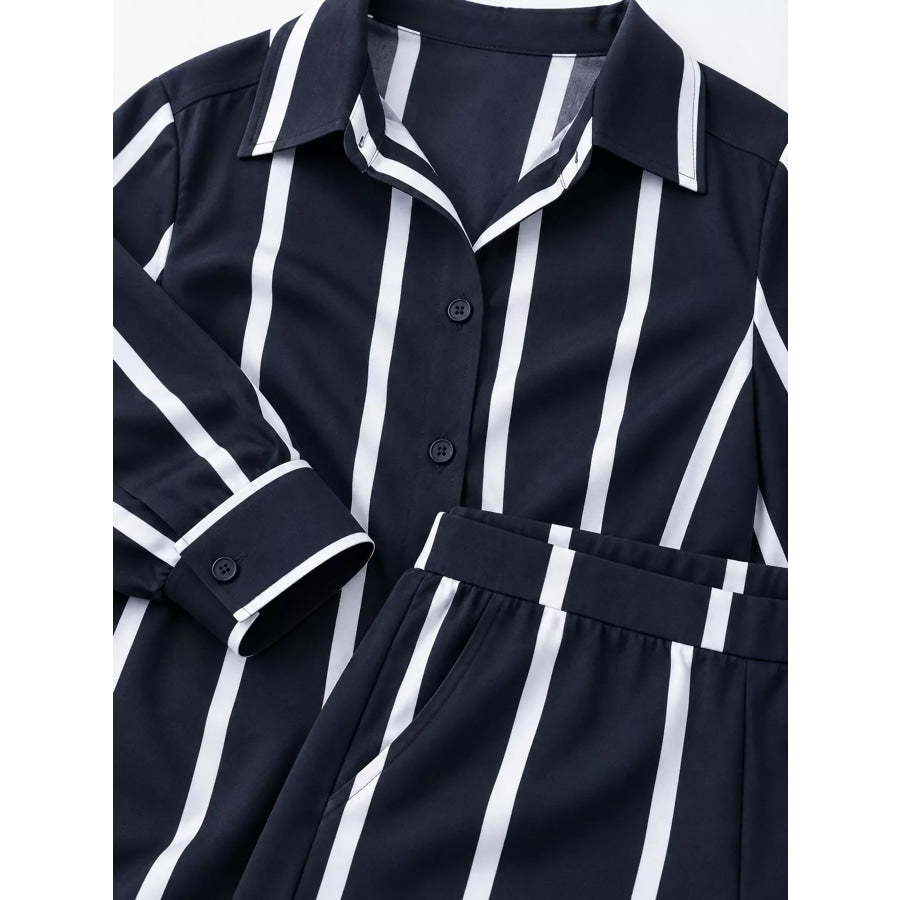 Striped Button-Down Shirt and Wide-Leg Pants Two-Piece Set Apparel Accessories