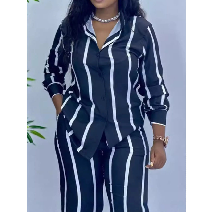 Striped Button-Down Shirt and Wide-Leg Pants Two-Piece Set Dark Blue / M Apparel Accessories