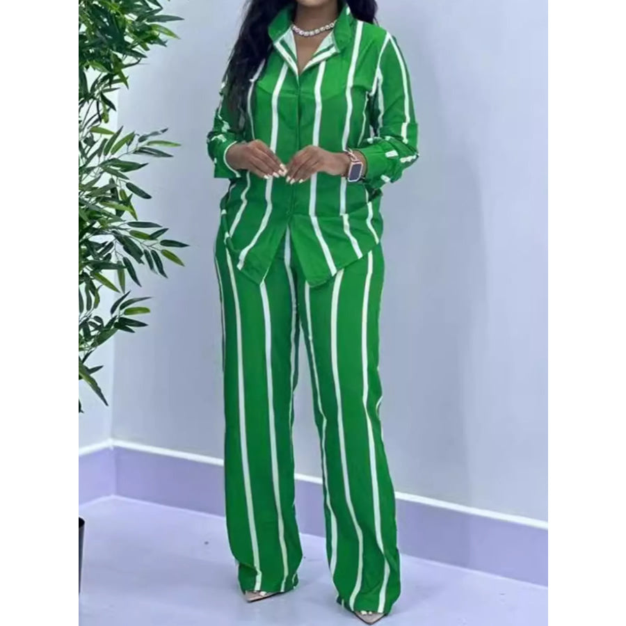 Striped Button-Down Shirt and Wide-Leg Pants Two-Piece Set Emerald Green / M Apparel Accessories