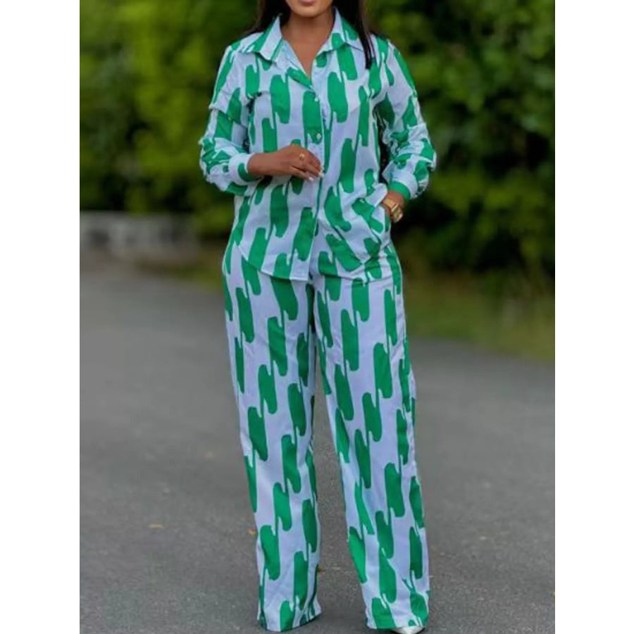 Striped Button-Down Shirt and Wide-Leg Pants Two-Piece Set Emerald / M Apparel Accessories