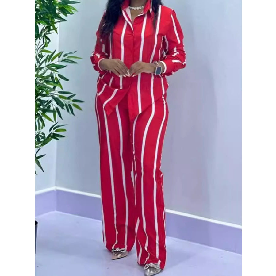 Striped Button-Down Shirt and Wide-Leg Pants Two-Piece Set Red / M Apparel Accessories