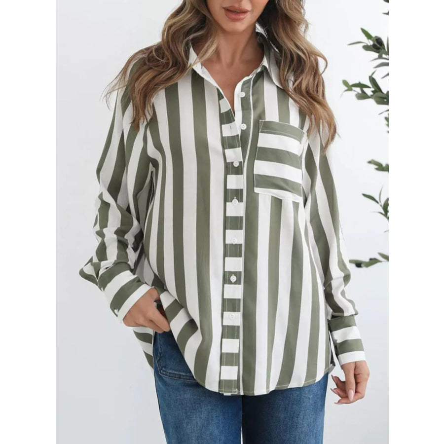 Striped Button-Down Shirt Army Green / S Apparel and Accessories