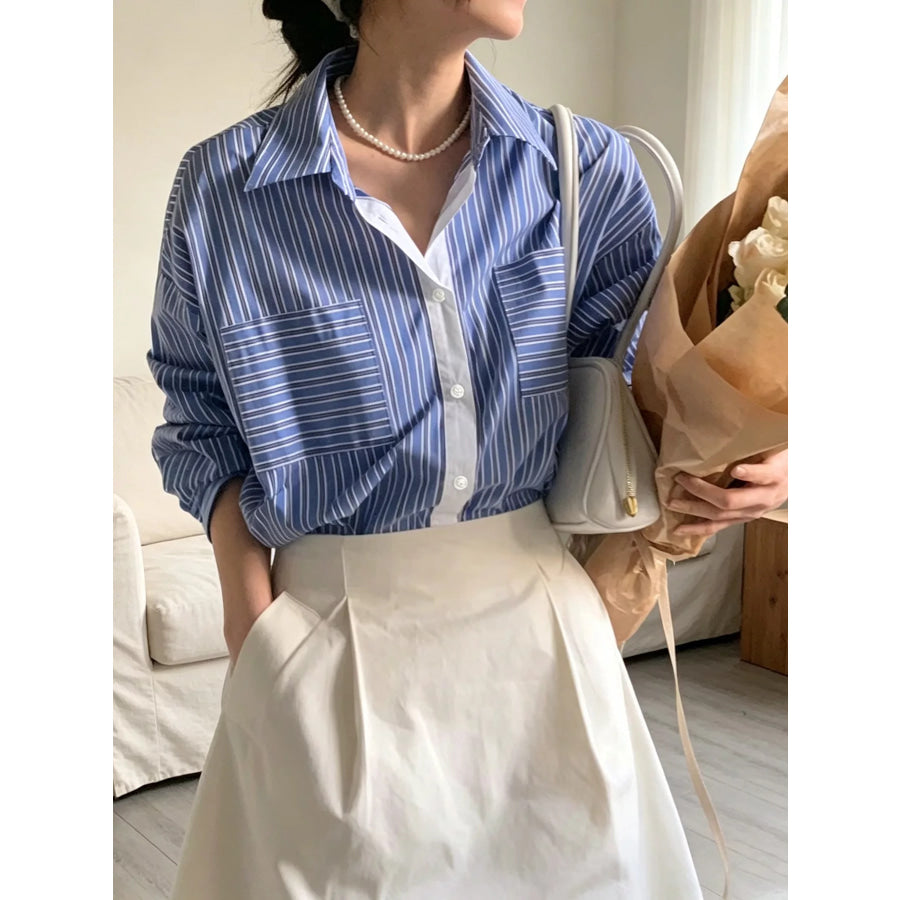 Striped Button-Down Shirt Blue / One Size Apparel and Accessories