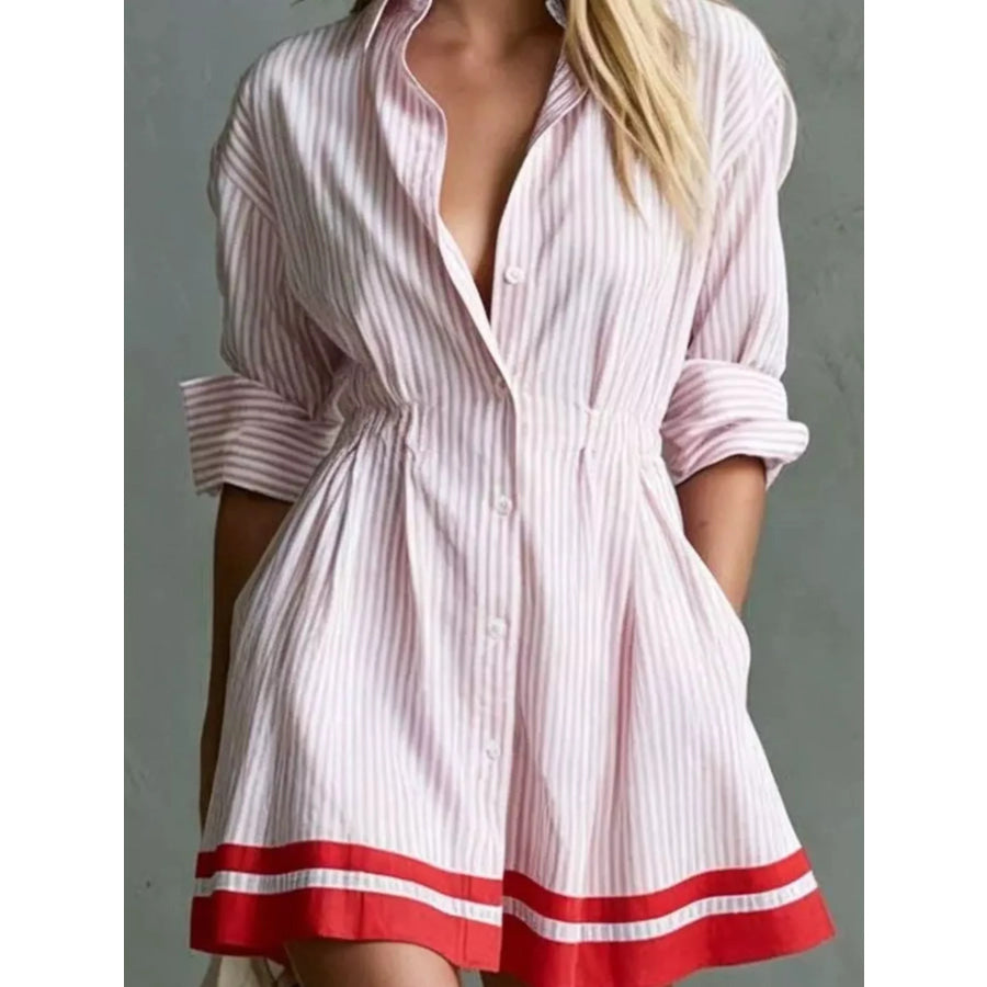 Striped Button-Down Shirt Dress with Contrast Hem Apparel and Accessories