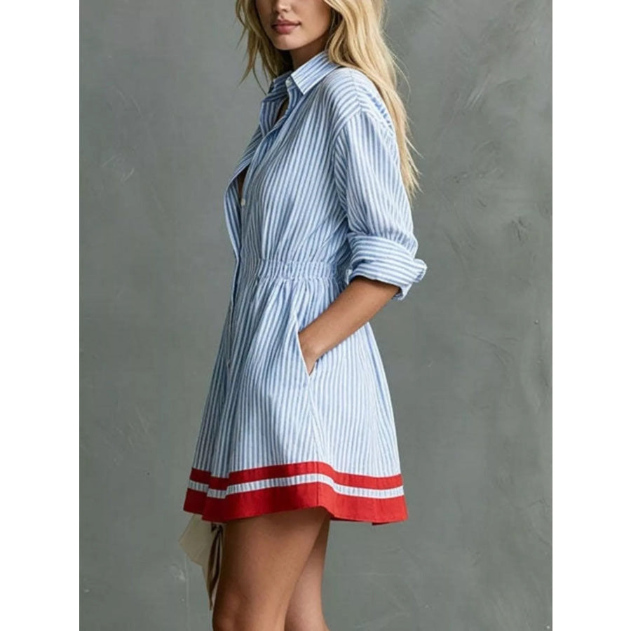 Striped Button-Down Shirt Dress with Contrast Hem Apparel and Accessories