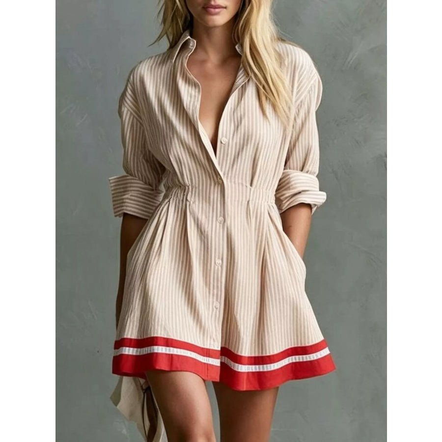 Striped Button-Down Shirt Dress with Contrast Hem Apricot / XS Apparel and Accessories