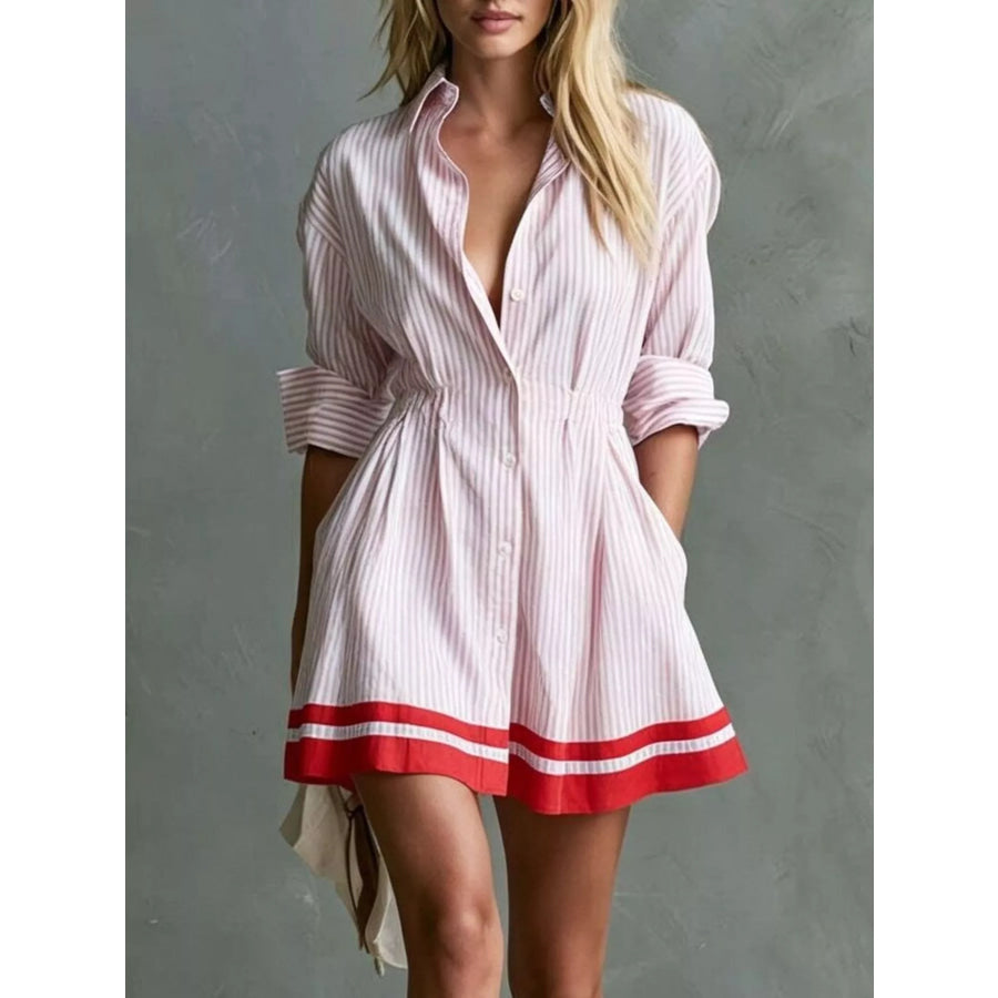 Striped Button-Down Shirt Dress with Contrast Hem Blush Pink / XS Apparel and Accessories
