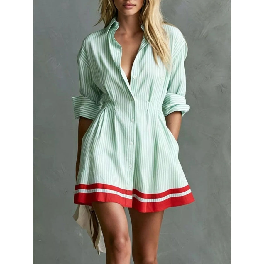 Striped Button-Down Shirt Dress with Contrast Hem Gum Leaf / XS Apparel and Accessories