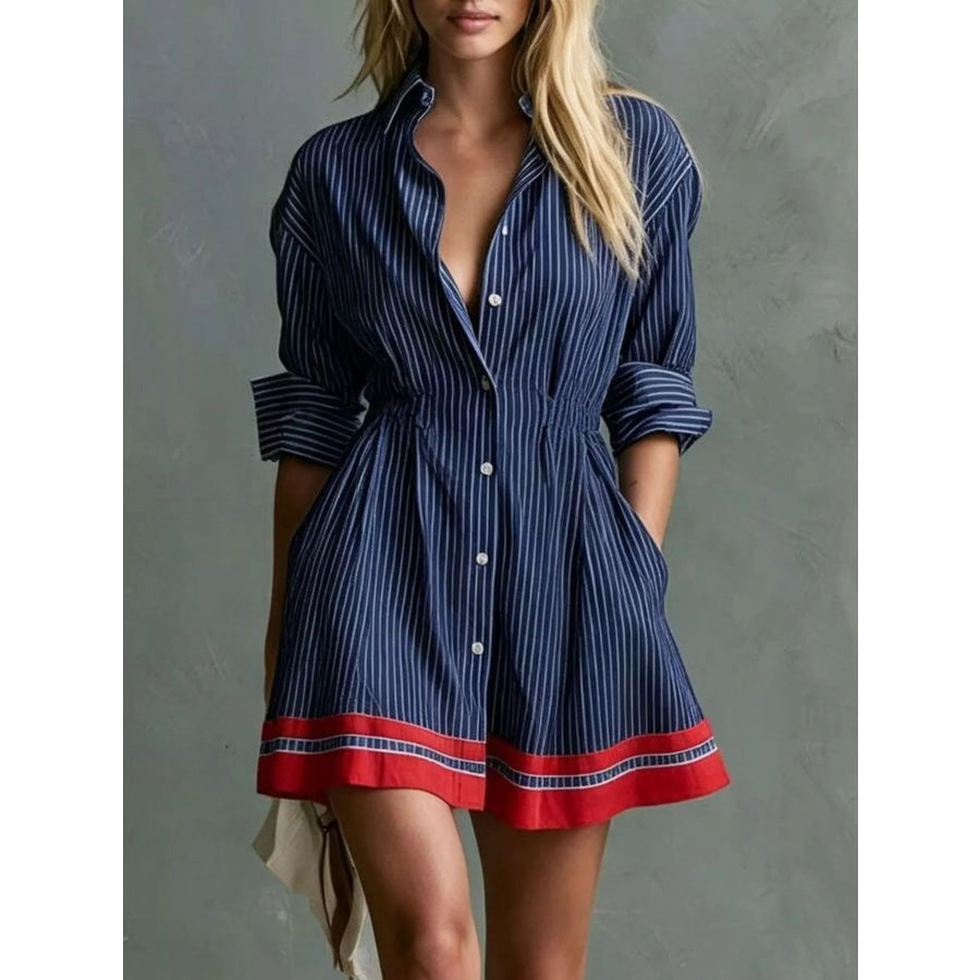 Striped Button-Down Shirt Dress with Contrast Hem Navy / XS Apparel and Accessories