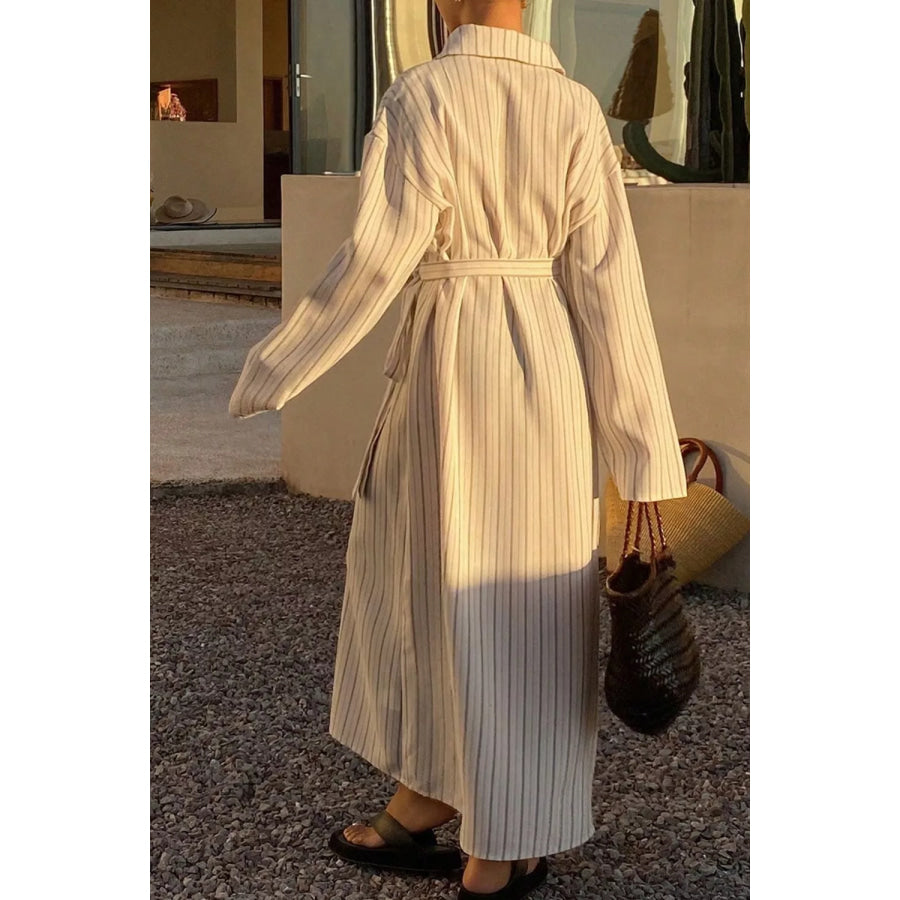 Striped Button-Down Shirt Dress with Waist Tie Apparel and Accessories