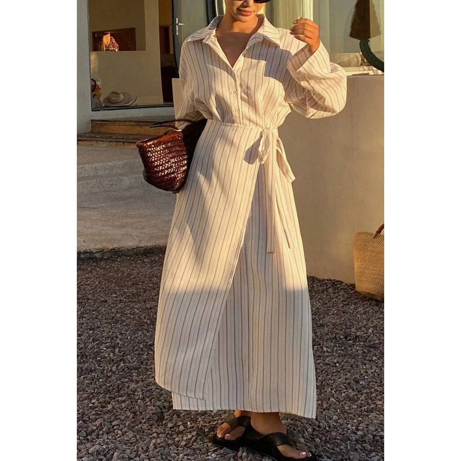 Striped Button-Down Shirt Dress with Waist Tie Apparel and Accessories