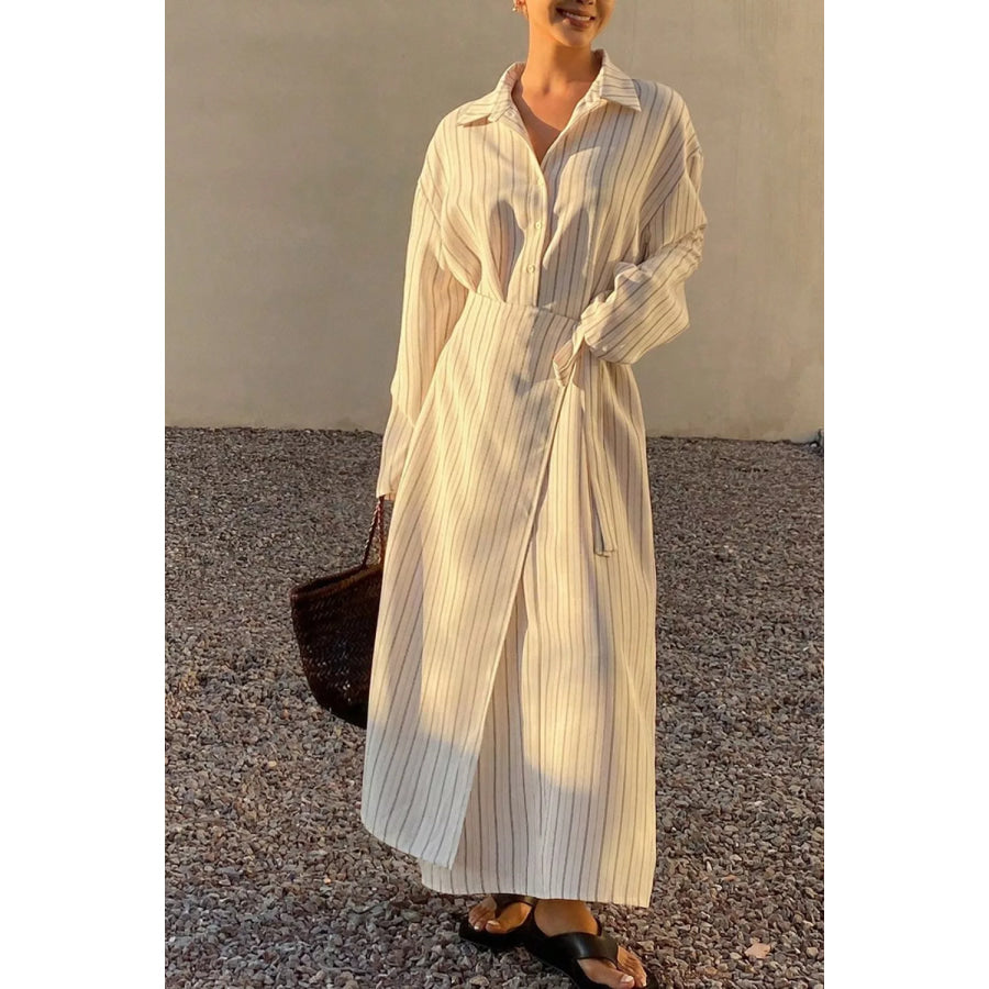 Striped Button-Down Shirt Dress with Waist Tie Apparel and Accessories