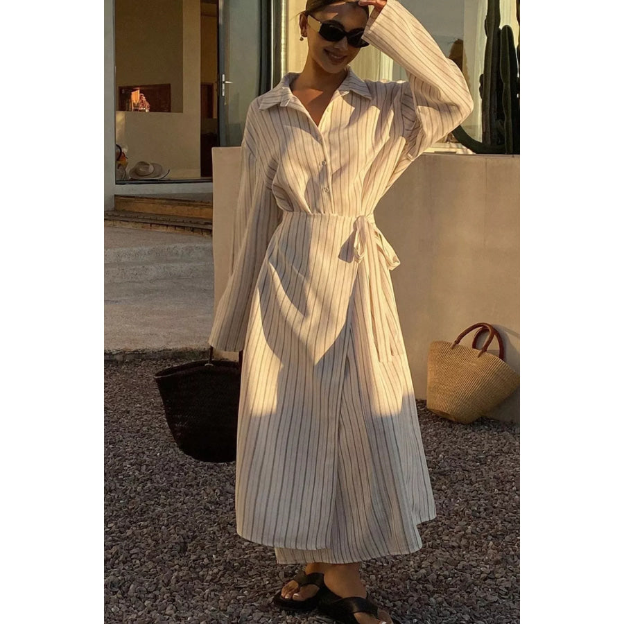 Striped Button-Down Shirt Dress with Waist Tie Apparel and Accessories