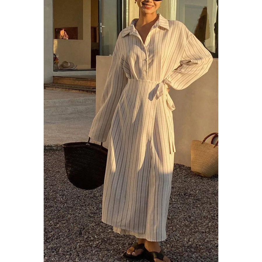 Striped Button-Down Shirt Dress with Waist Tie Apparel and Accessories