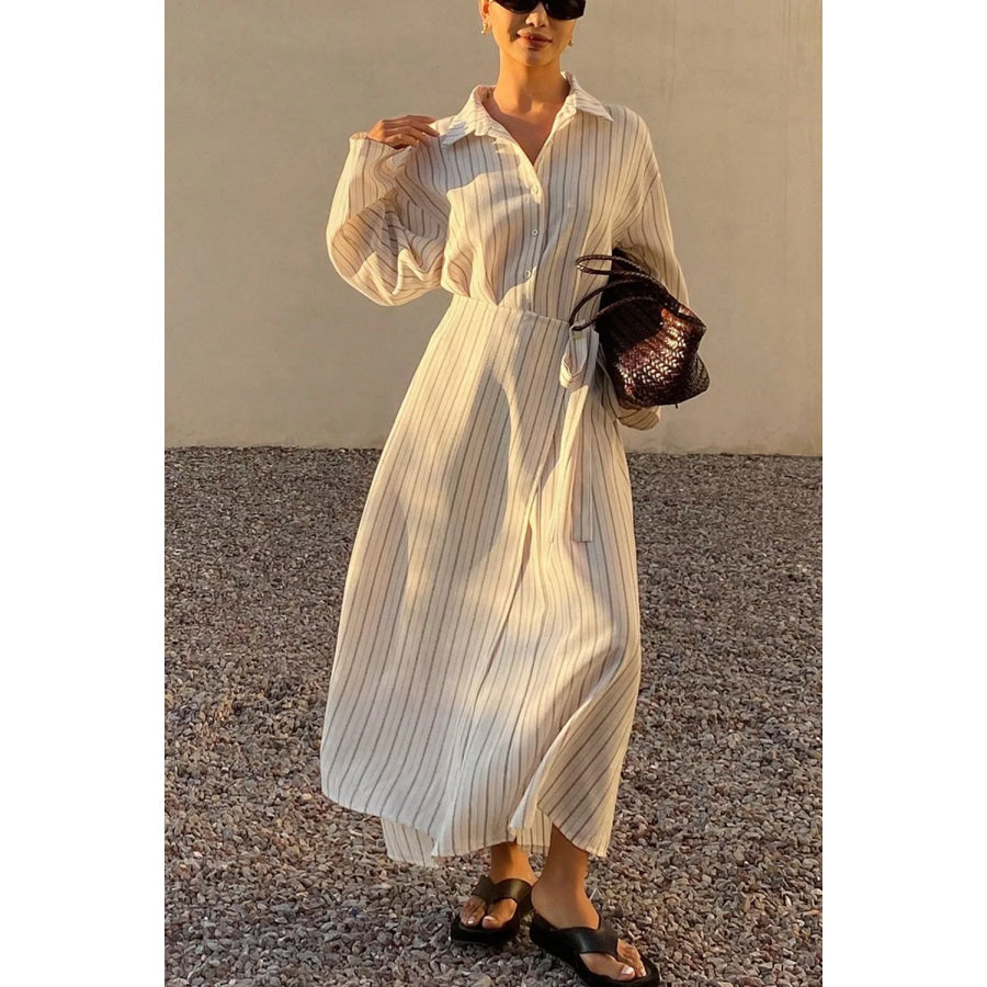 Striped Button-Down Shirt Dress with Waist Tie White / S Apparel and Accessories