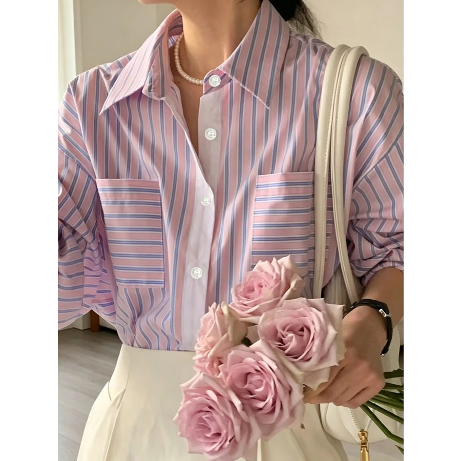 Striped Button-Down Shirt Pink / One Size Apparel and Accessories