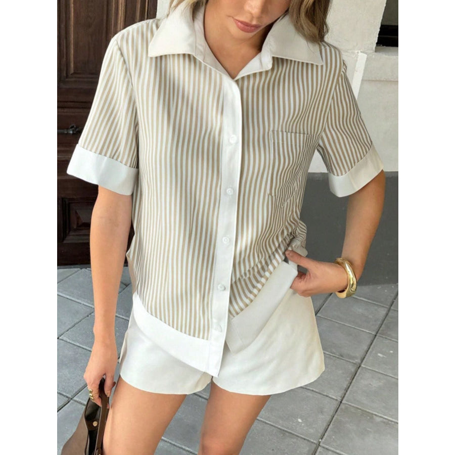 Striped Button-Down Short Sleeve Shirt Khaki Stripes / S Apparel and Accessories