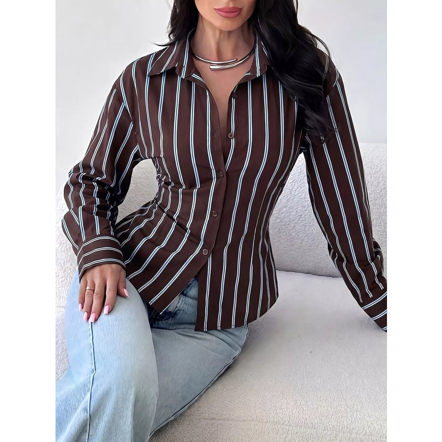 Striped Button-Down Slim-Fit Shirt Chocolate / S Apparel and Accessories