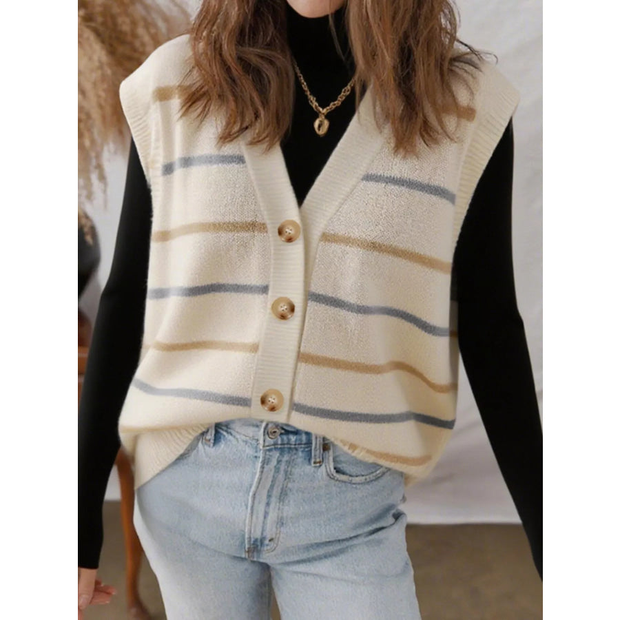 Striped Button-Down Sweater Vest Beige / S Apparel and Accessories