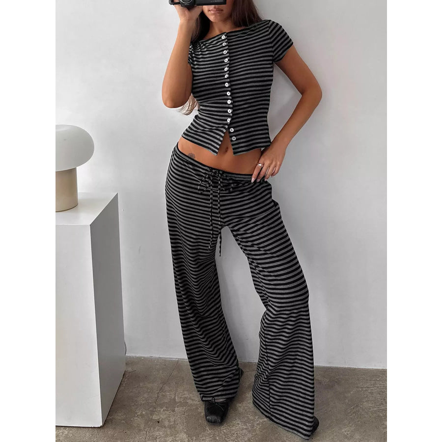 Striped Button-Down Top and Wide-Leg Pants Set Apparel and Accessories