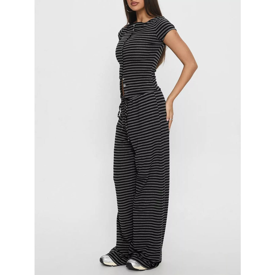 Striped Button-Down Top and Wide-Leg Pants Set Apparel and Accessories