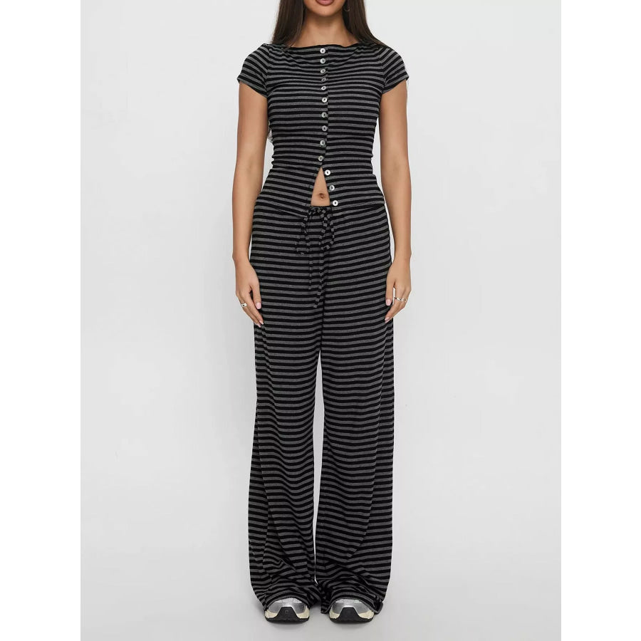Striped Button-Down Top and Wide-Leg Pants Set Dark Gray / S Apparel and Accessories