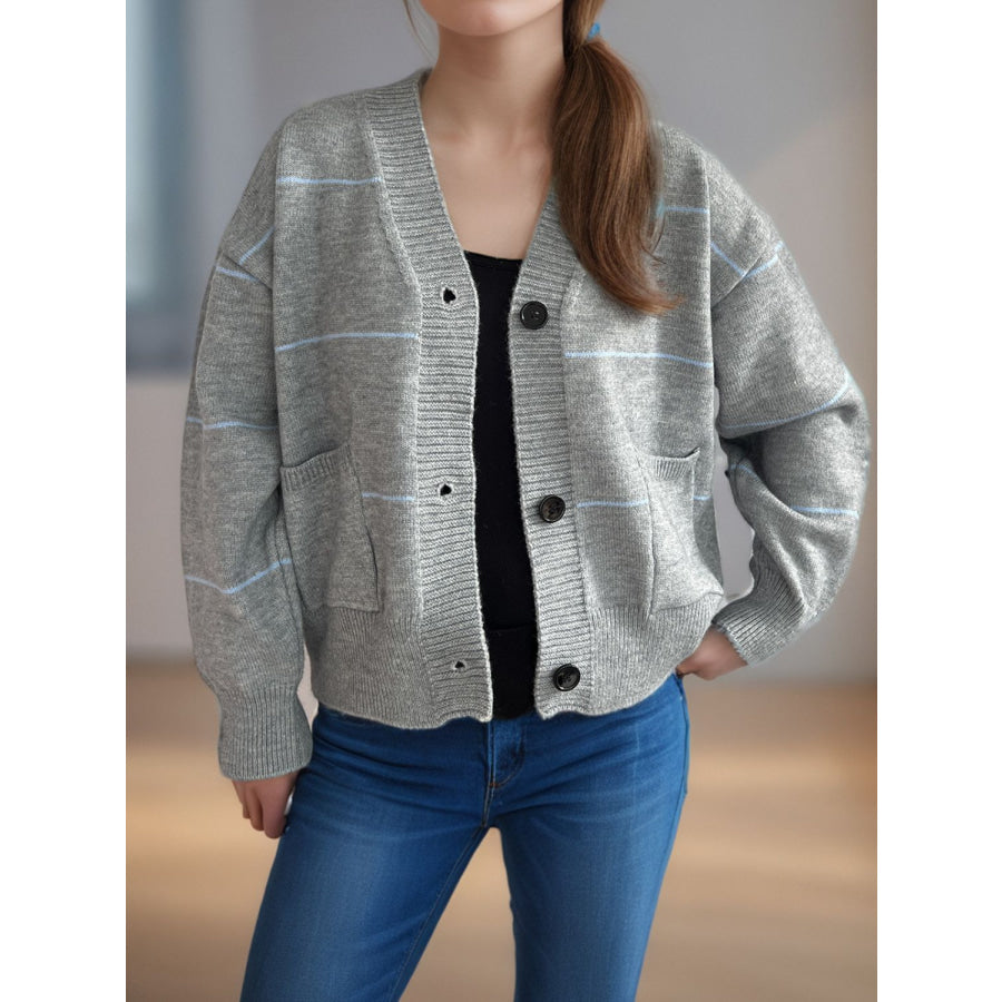 Striped Button Down V-Neck Long Sleeve Cardigan Apparel and Accessories