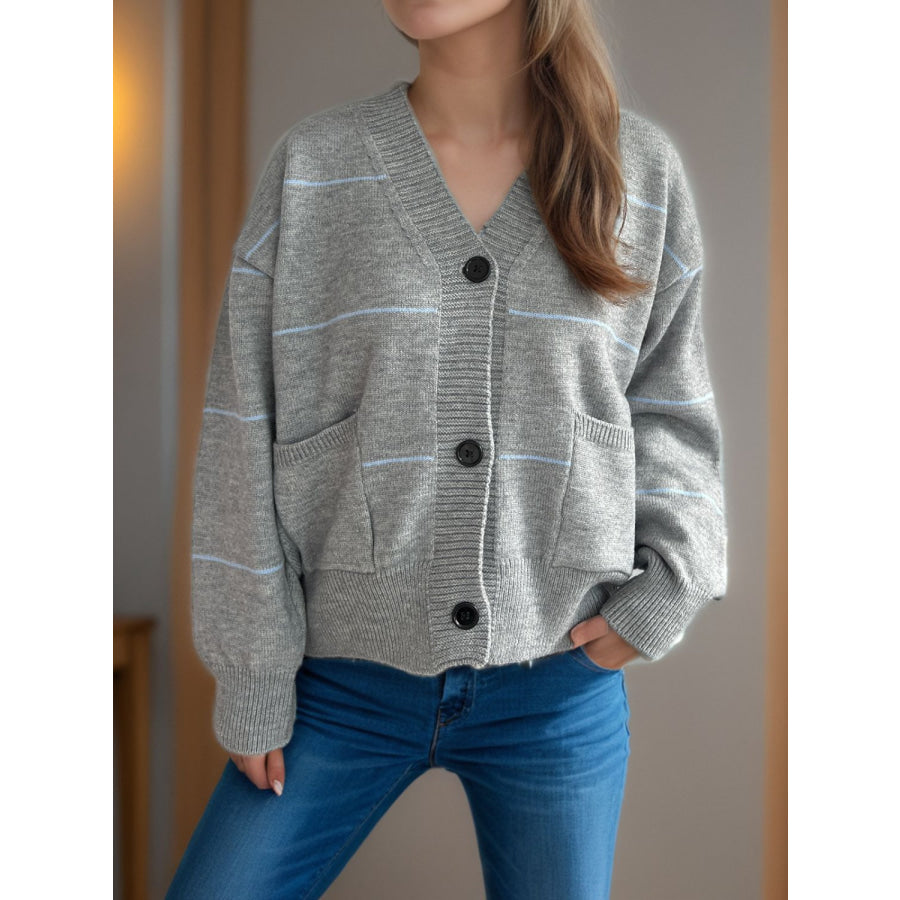 Striped Button Down V-Neck Long Sleeve Cardigan Gray / One Size Apparel and Accessories